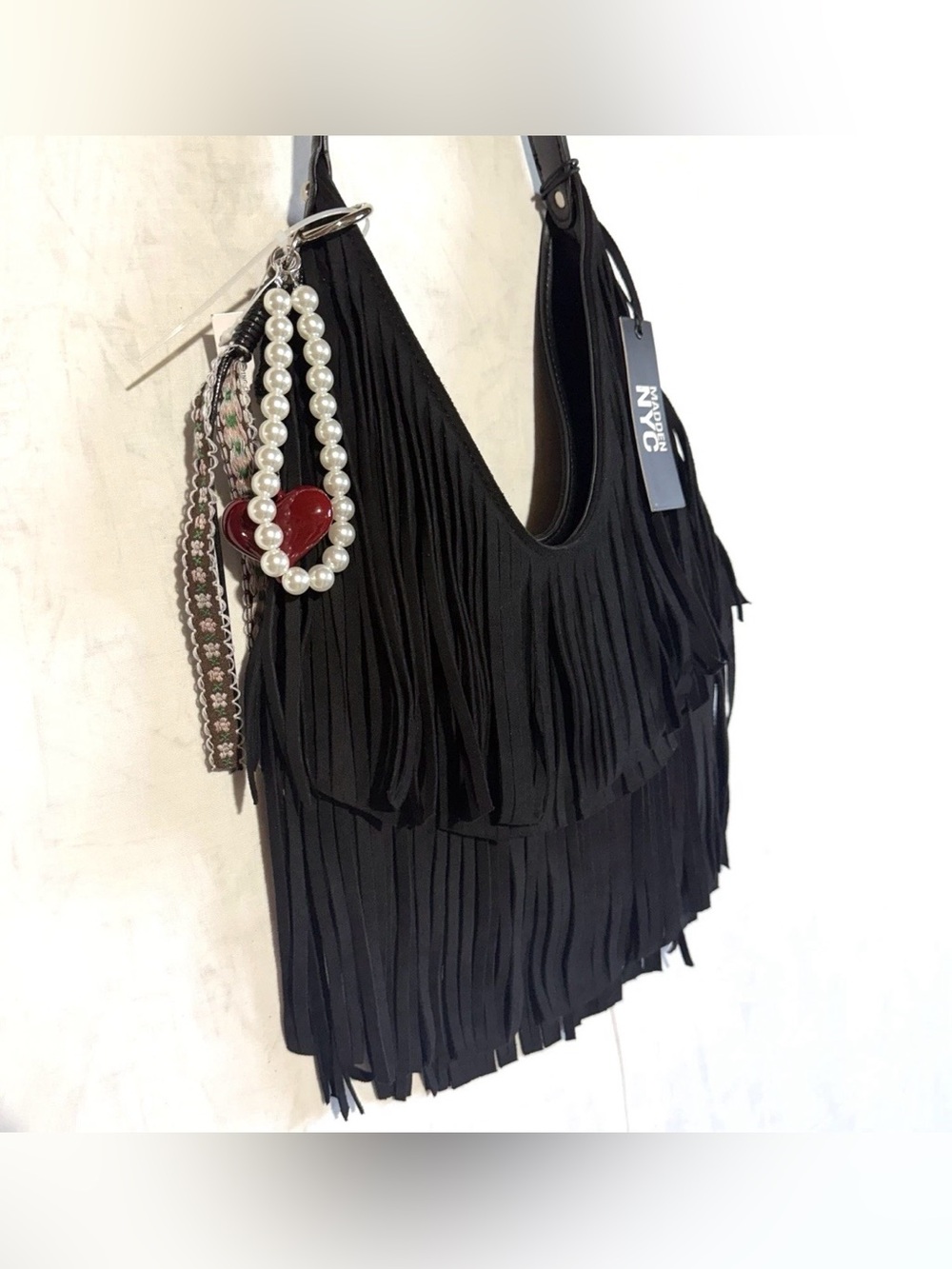 Madden NYC Women's Fringe Hobo Bag w/ Keychains, Black NEW WITH TAG - Picture 5 of 7